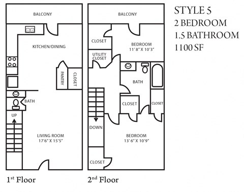 Floor plan for 2 beds, 1.5 baths, 1100 sqft